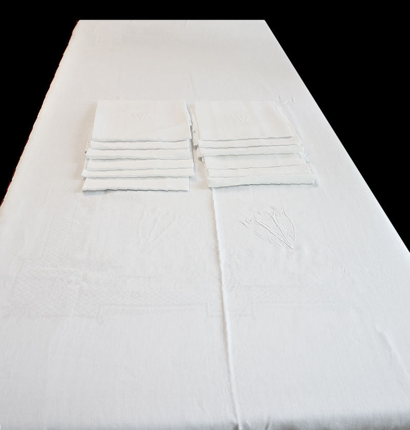 Art Deco Damask Tablecloth with Monograms &amp; 12 Napkins