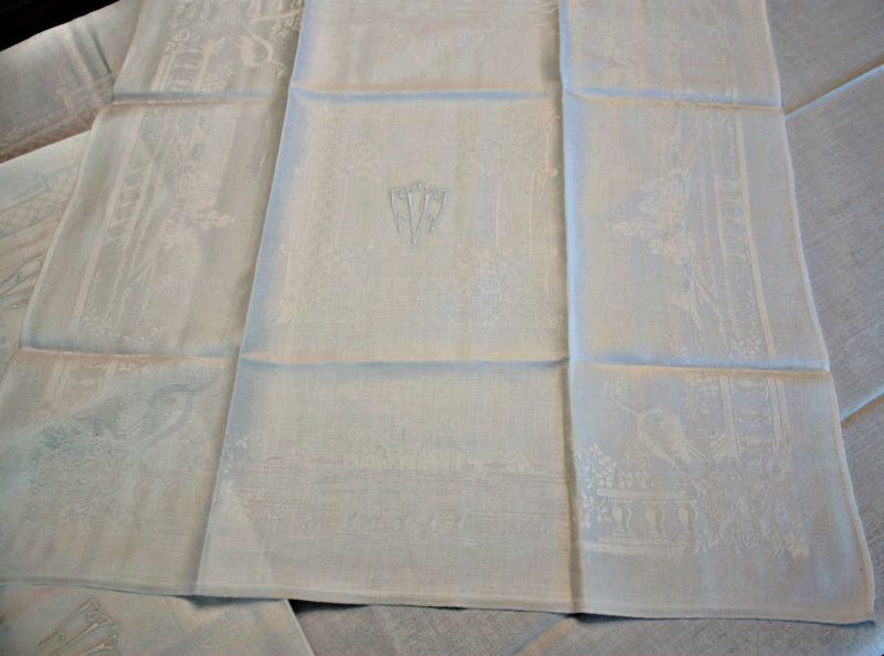 Art Deco Damask Tablecloth with Monograms &amp; 12 Napkins