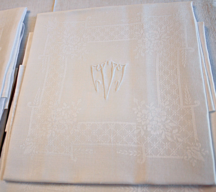 Art Deco Damask Tablecloth with Monograms & 12 Napkins