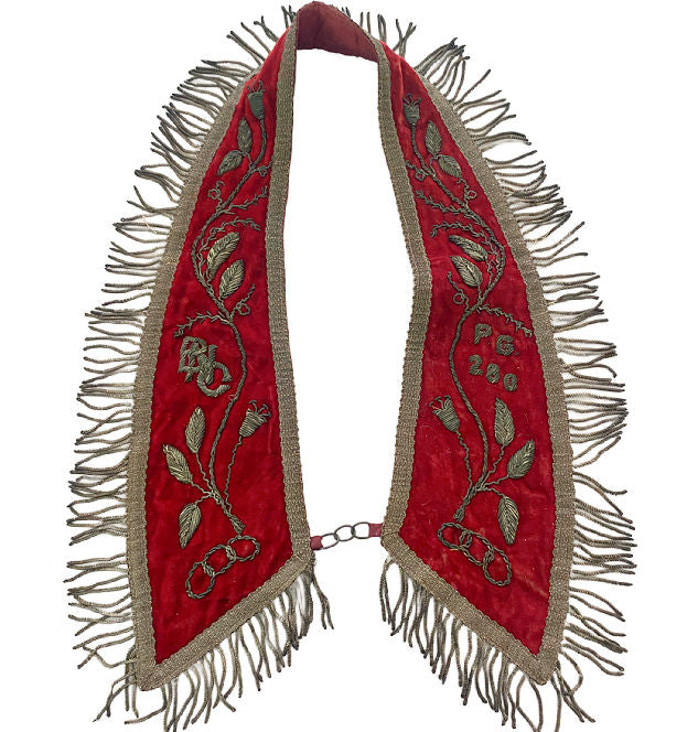 Antique French red velvet silk collar with metallic embroidery and silver bullion fringe