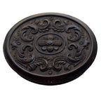 Antique oval union case by A. B. Chapman featuring floral rosette and ornate scrollwork. Authentic Victorian thermoplastic photographic case, mid-1800s.