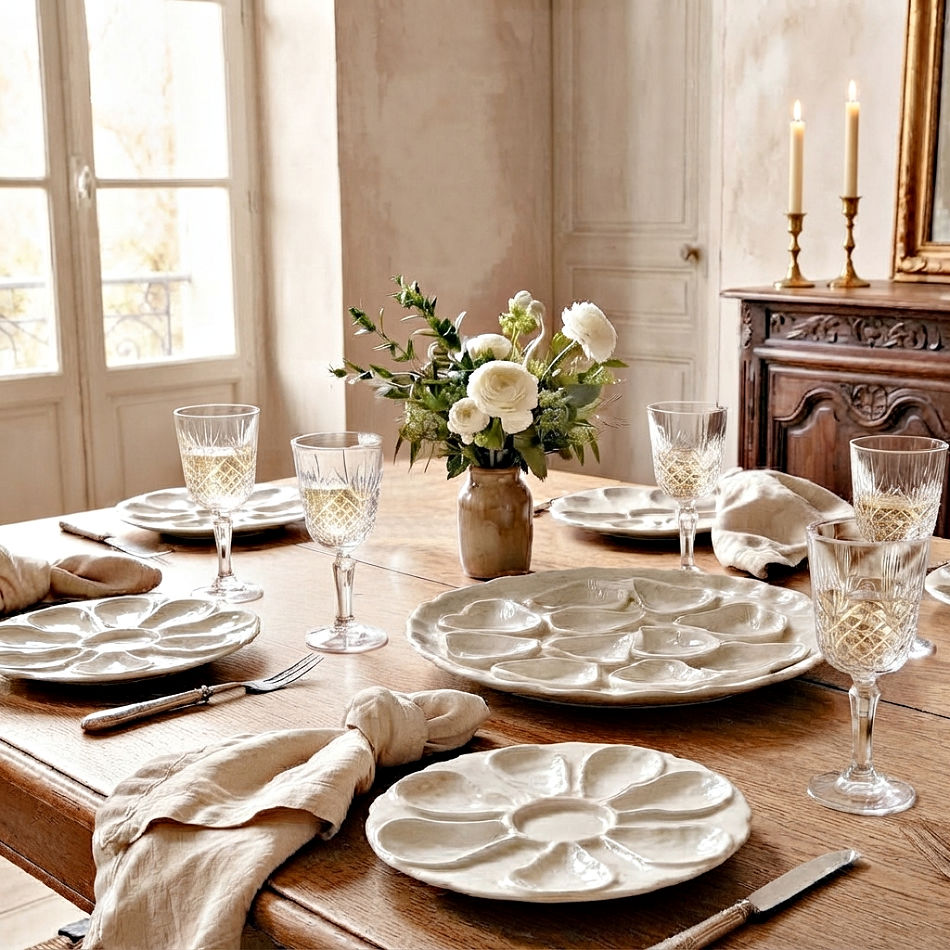 Antique French oyster service arranged on a French wood dining table with wine glasses, silver flatware, linen napkins, and a beautiful window overlooking the garden.