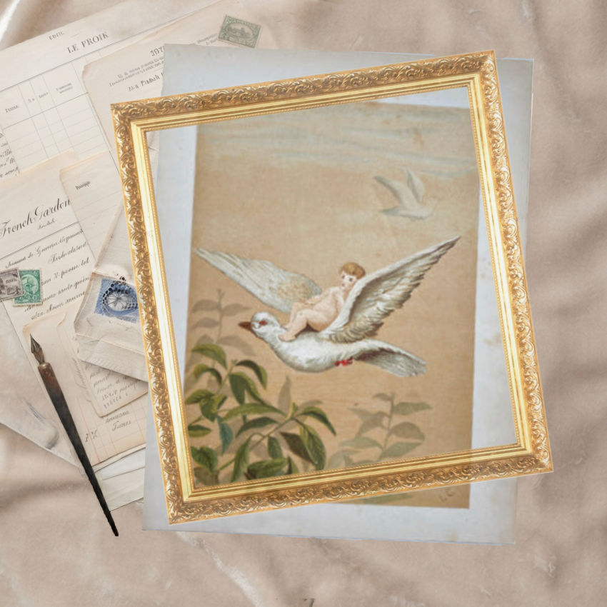 Antique Victorian fairy chromolithograph from Fly Away Fairies and Baby Blossoms styled on velvet with antique letters and gold frame