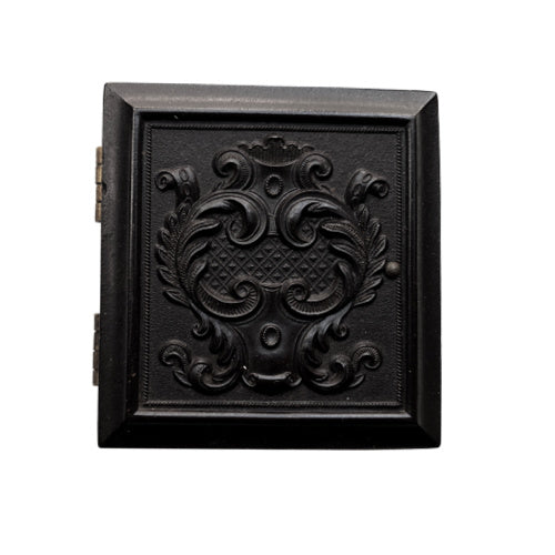 Antique miniature Union case with embossed Rococo scroll design and gentleman’s portrait inside. Rare 2-1/8" Victorian photographic keepsake collectible.