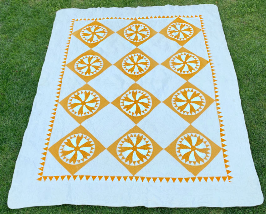 antique French quilt yellow and white