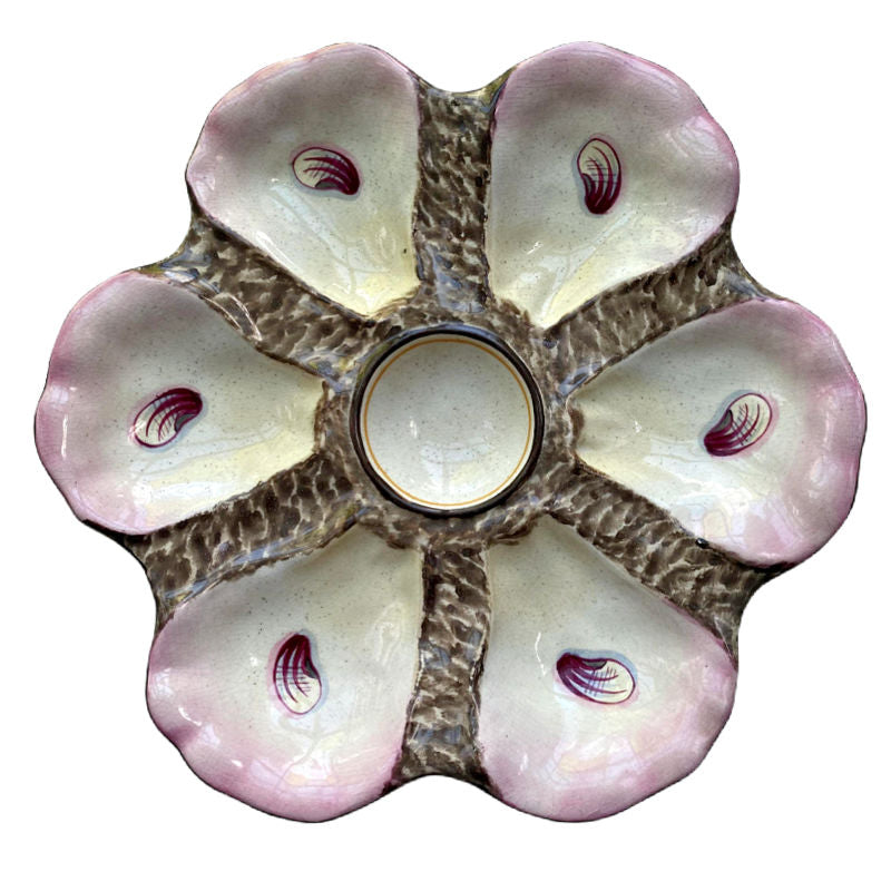 Antique French hand-painted pink oyster plate, late 1800s, 6 wells on seaweed design