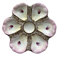 Antique French hand-painted pink oyster plate, late 1800s, 6 wells on seaweed design