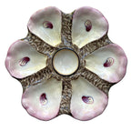 Antique French hand-painted pink oyster plate, late 1800s, 6 wells on seaweed design