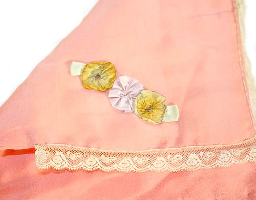 French Apricot Silk Ribbon Work Rosettes Handkerchief Case