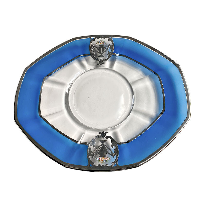 Art Deco Silver Overlaid Blue And Clear Glass Small Tray