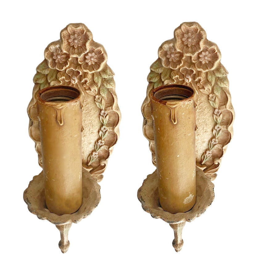 Pair Art Deco Cream Pink Floral Wall Sconces