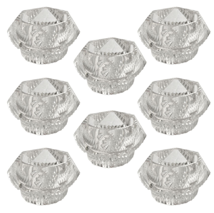 Art Deco crystal salt cellars with timeless geometric cuts, perfect for elegant table settings, vintage entertaining, and collectors of fine crystal.
