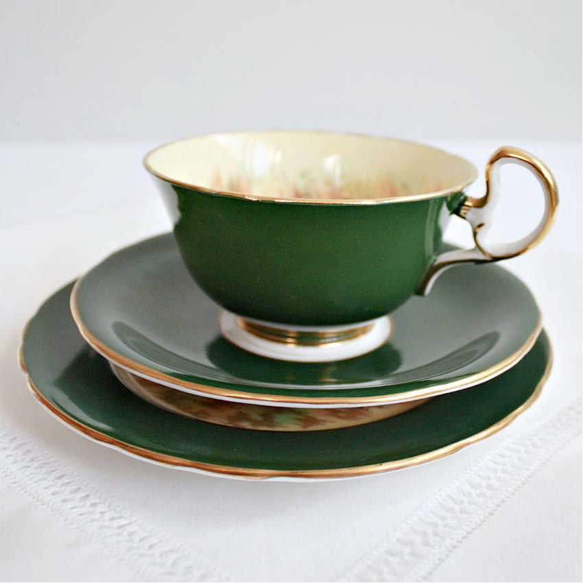 Antique Tea Cup ORCHARD gold green Signed