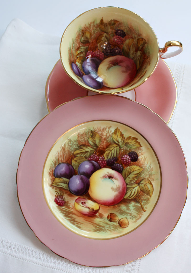 Aynsley Orchard Fruit Tea Cup & Cake Plate Trio Signed D Jones Pink