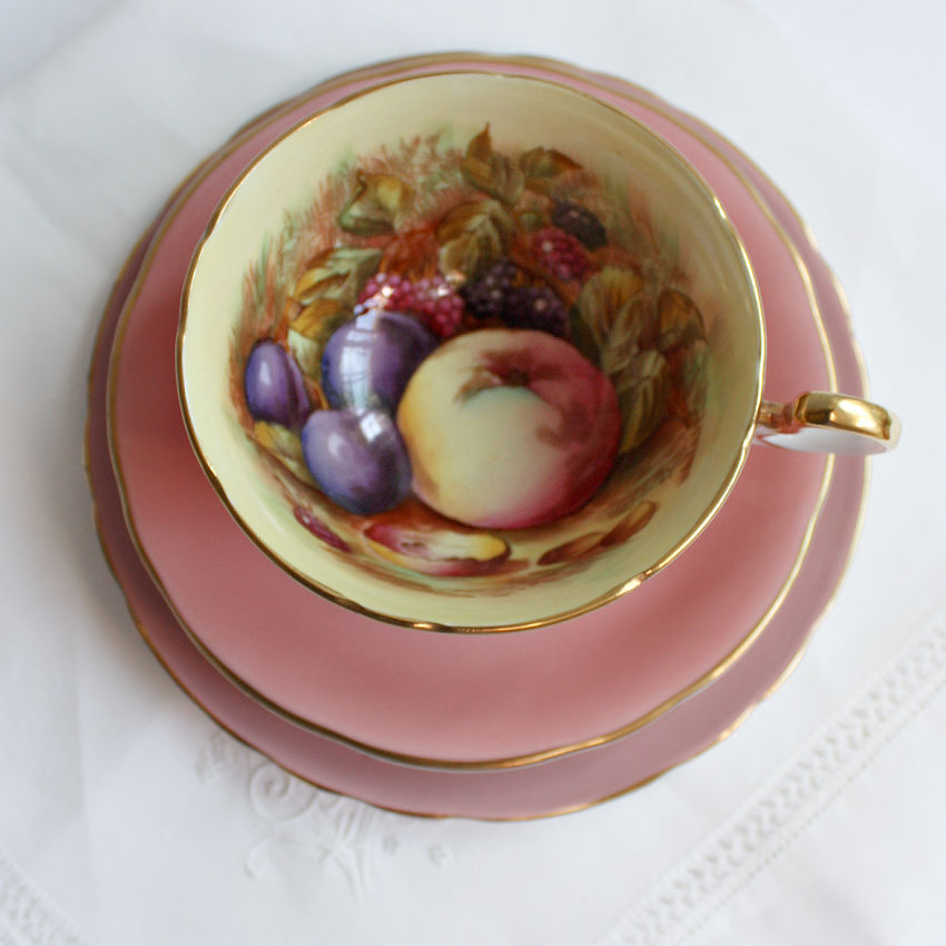 Aynsley Orchard Fruit Tea Cup & Cake Plate Trio Signed D Jones Pink