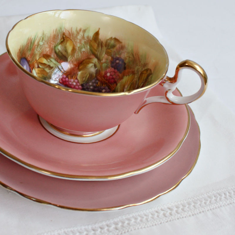 Aynsley Orchard Fruit Tea Cup & Cake Plate Trio Signed D Jones Pink