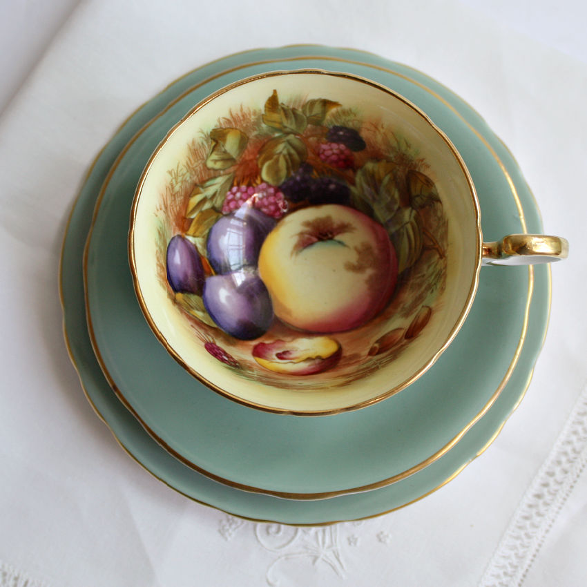 Aynsley Orchard Fruit Tea Cup & Cake Plate Trio Signed D Jones Sage