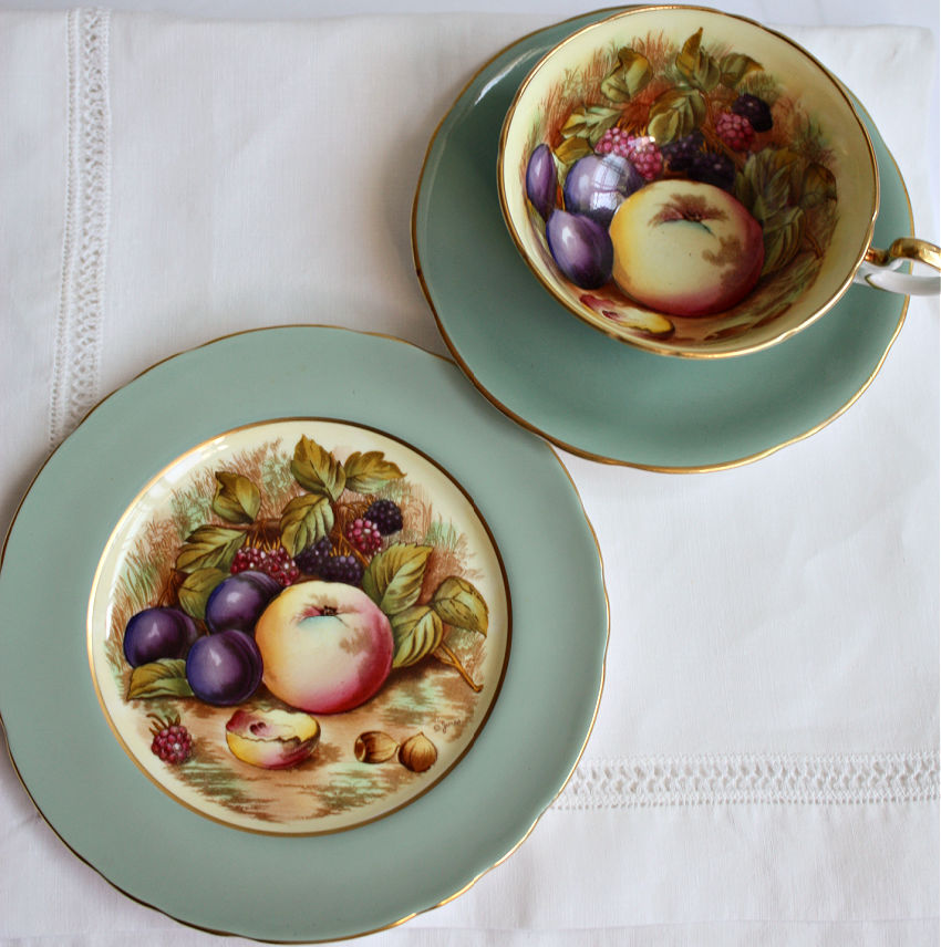 Aynsley Orchard Fruit Tea Cup & Cake Plate Trio Signed D Jones Sage