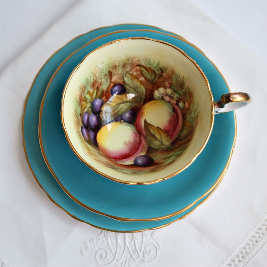 Aynsley Orchard Fruit Tea Cup & Cake Plate Trio Signed D Jones Aqua Blue