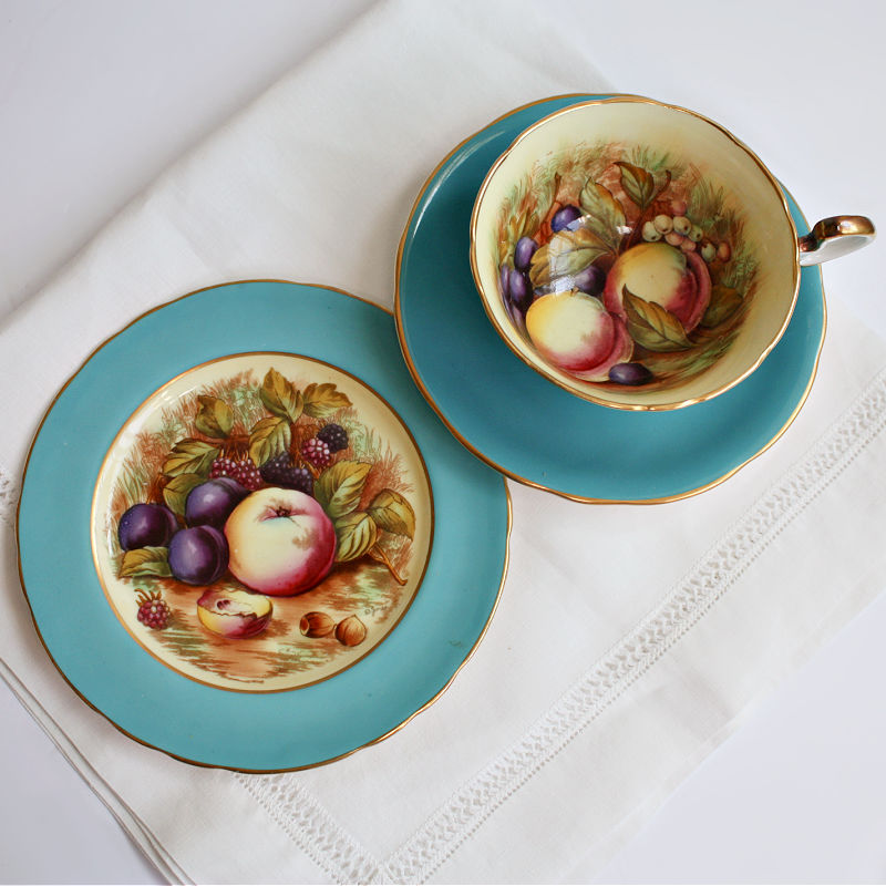 Aynsley Orchard Fruit Tea Cup &amp; Cake Plate Trio Signed D Jones Aqua Blue