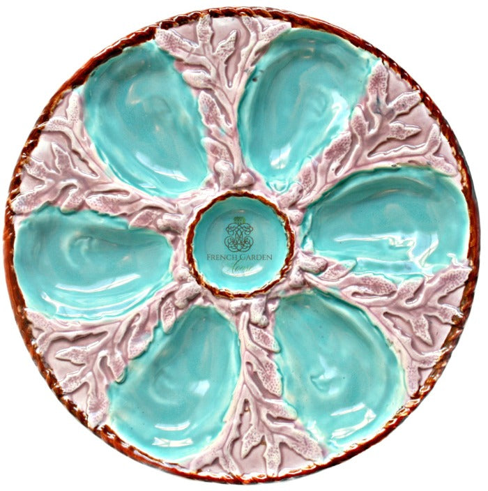 Antique English majolica oyster plate aqua lavender S Fielding Stoke 19th century
