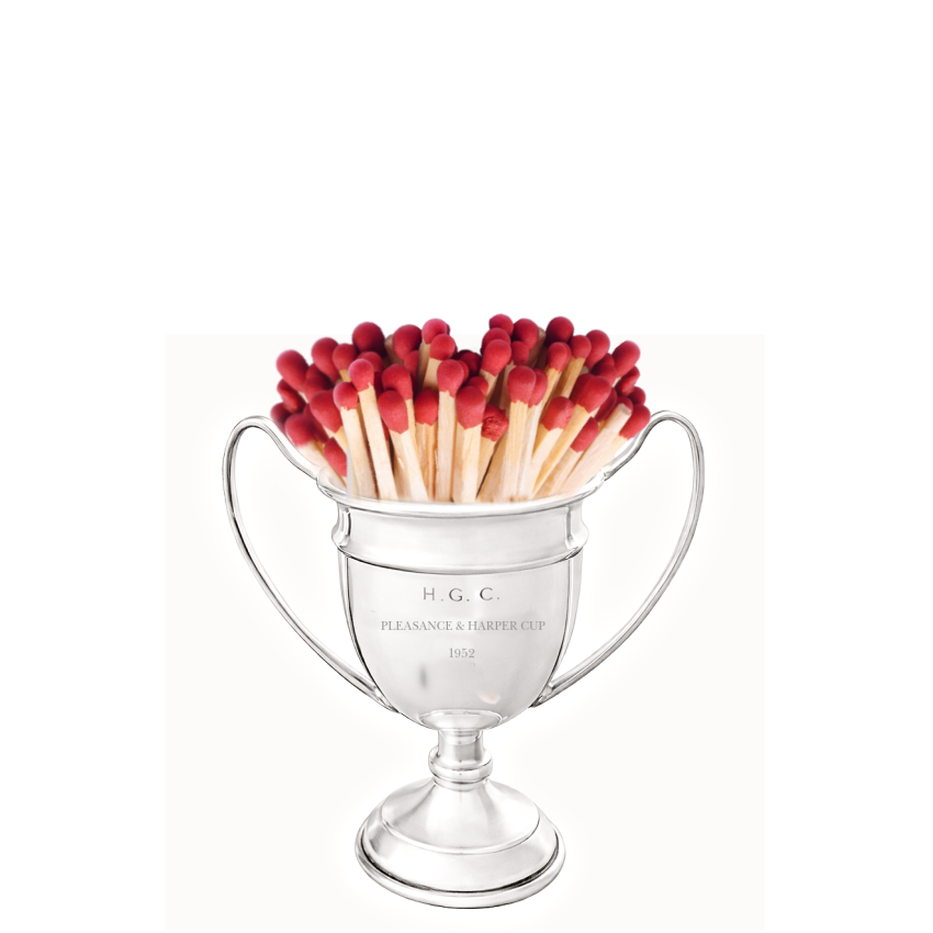 Vintage 1952 Pleasance &amp; Harper silver-plated trophy cup engraved H.G.C. A charming mid-century collectible with light age wear and small dents consistent with age- holding red matches. 