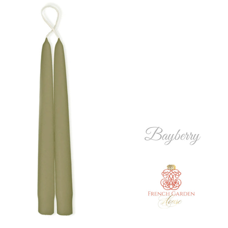 Bayberry Green bayberry wax taper candles in antique silver candlesticks with bayberry branches