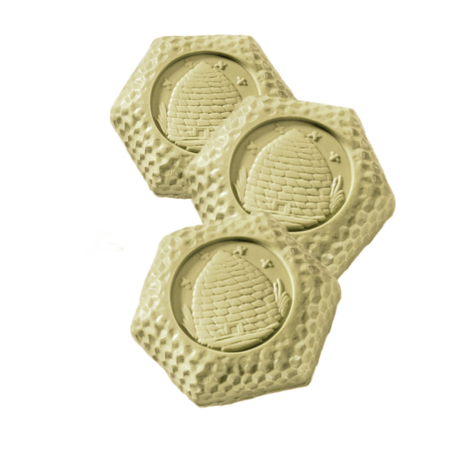 Bee Skep Gardener Soap Set of three hexagonal honeycomb soaps inspired by antique beehive skeps. A charming botanical gift for garden lovers.