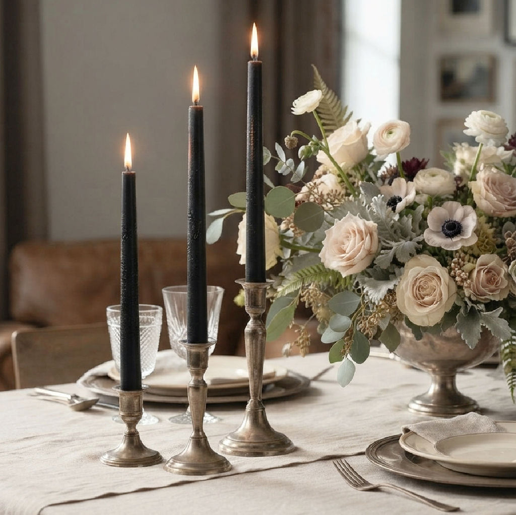 Hand-poured black beeswax taper candles styled on an elegant dining table with flowers