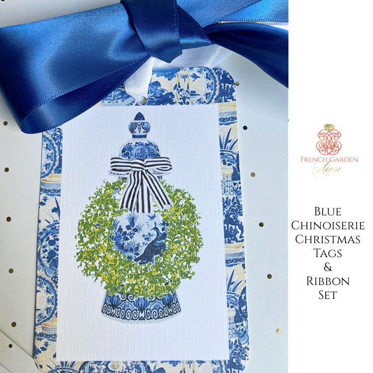 Blue Chinoiserie Christmas Tags &amp; Ribbon Set