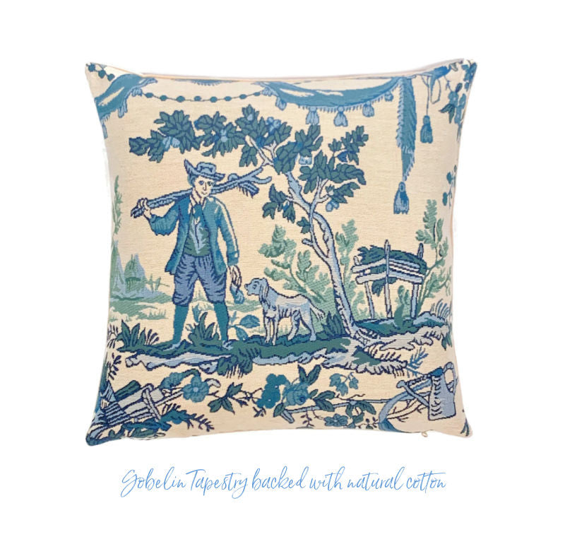 Blue French Country Hunt Tapestry Pillow Cover