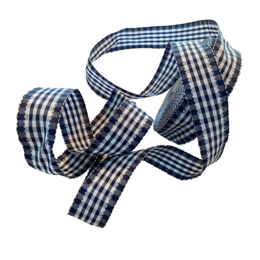 French Wired Blue and White Bardot Checked Ribbon