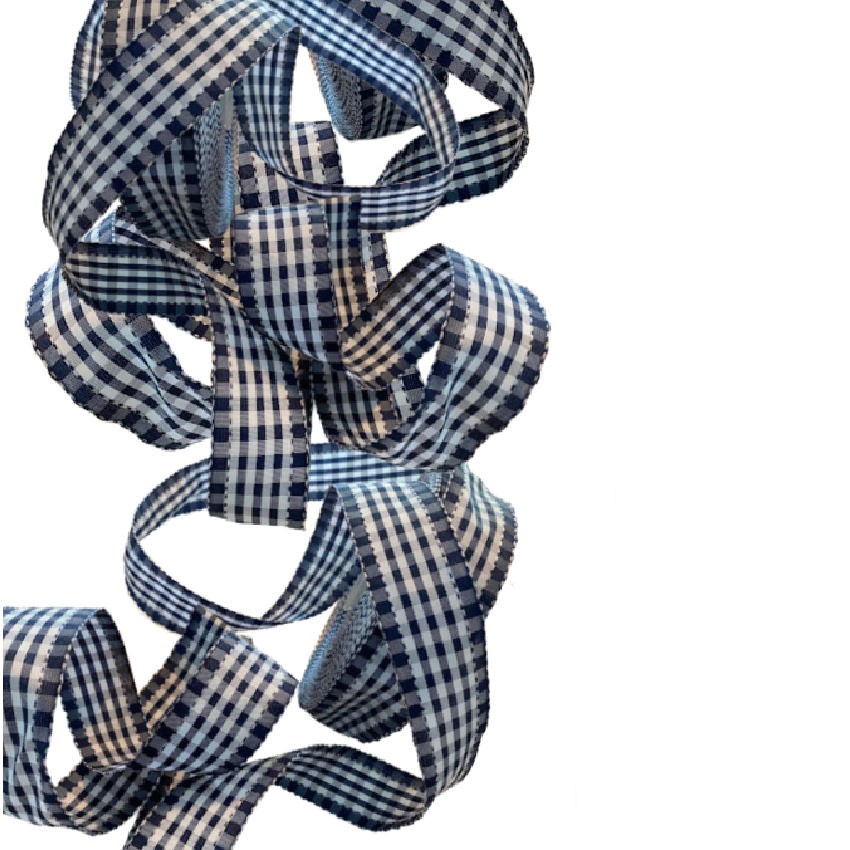 French Wired Blue and White Bardot Checked Ribbon