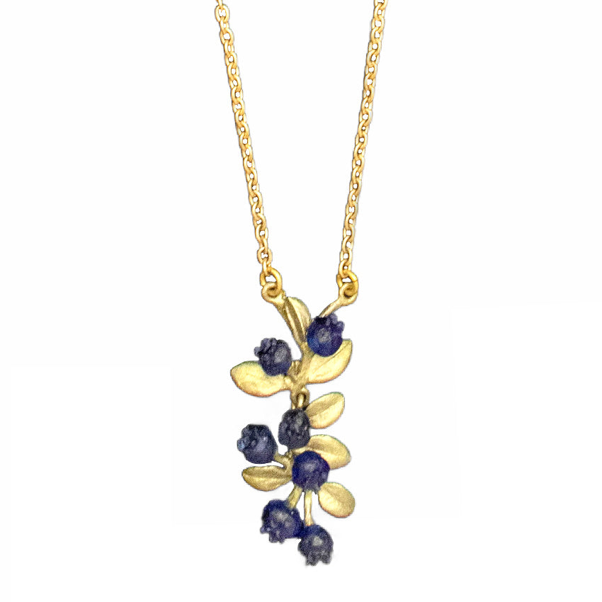 Blueberry necklace in patinated bronze, nature-inspired berry pendant with botanical detail, perfect for layering and woodland jewelry styling.