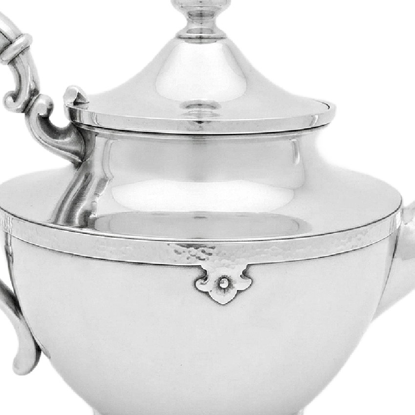 Antique silver plated teapot with Art Deco detailing and hammered band detail
