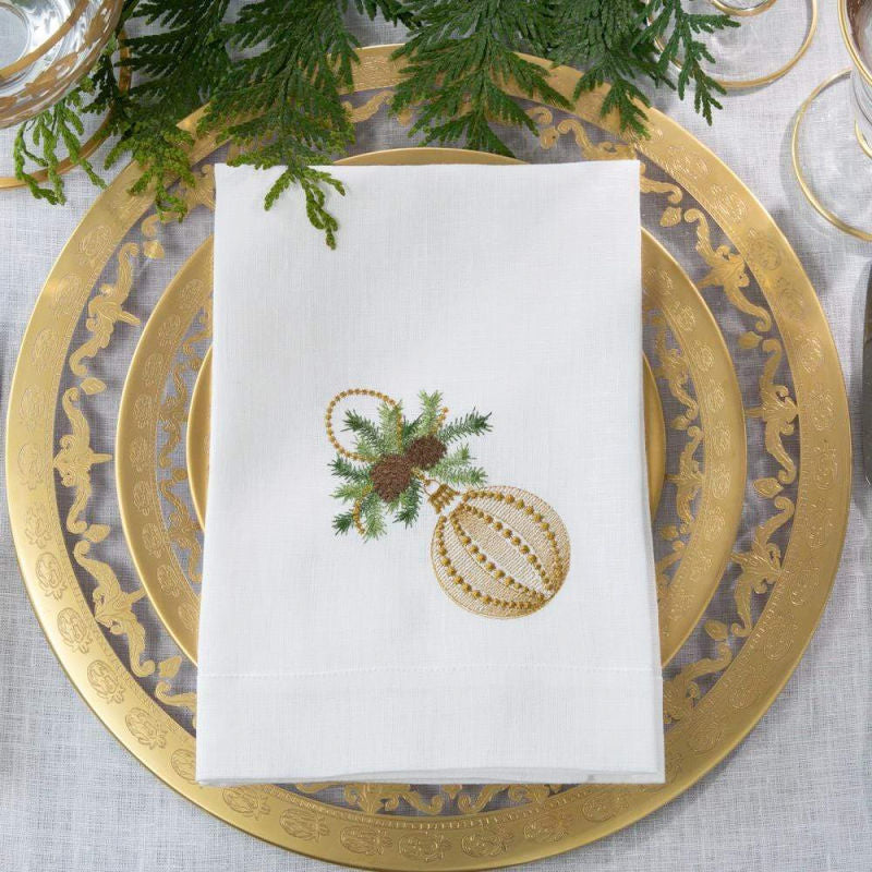 Christmas Ornament Tri-Fold Napkin Set of 2 gold embroidery