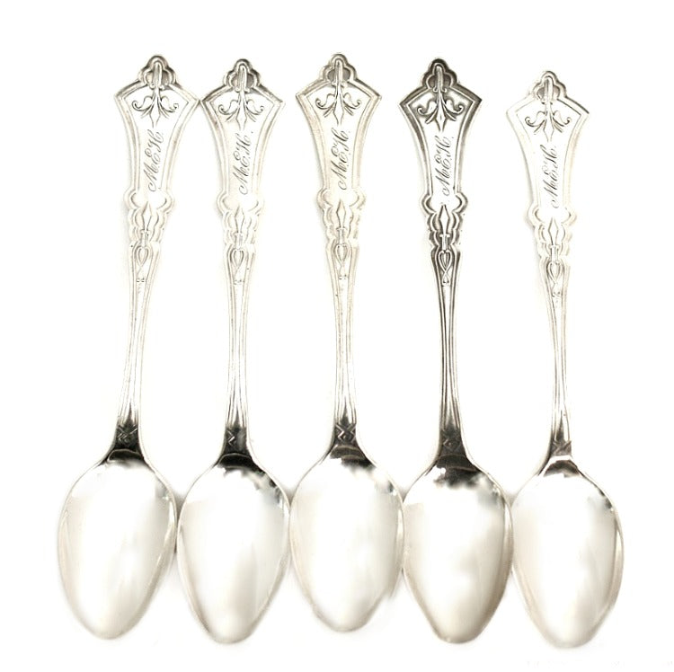 Antique Coin Silver 1870 Clematis Spoons Monogrammed M E H Set of 5