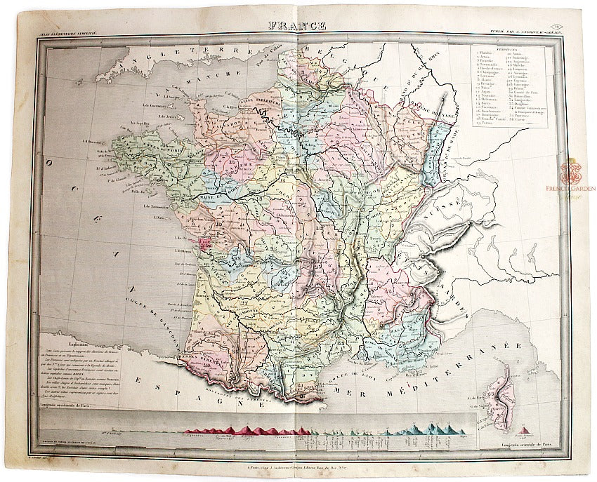 Antique 1838 Hand Colored Map of France Andriveau-Goujon