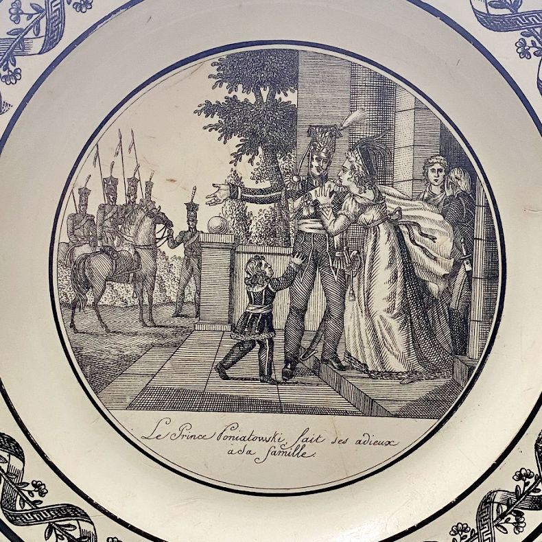 19th Century French Faience porcelain plate featuring a historical military figure, Prince Joseph Poniatowski, with a floral border.