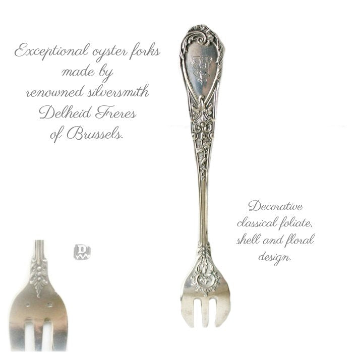 Antique Delheid Freres Fabulous Silver Oyster Forks Set of 12