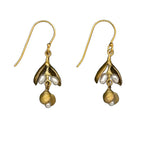 Hand-cast eucalyptus pearl earrings with gold-washed bronze. Botanical jewelry inspired by nature, handcrafted in New York with exquisite detail.