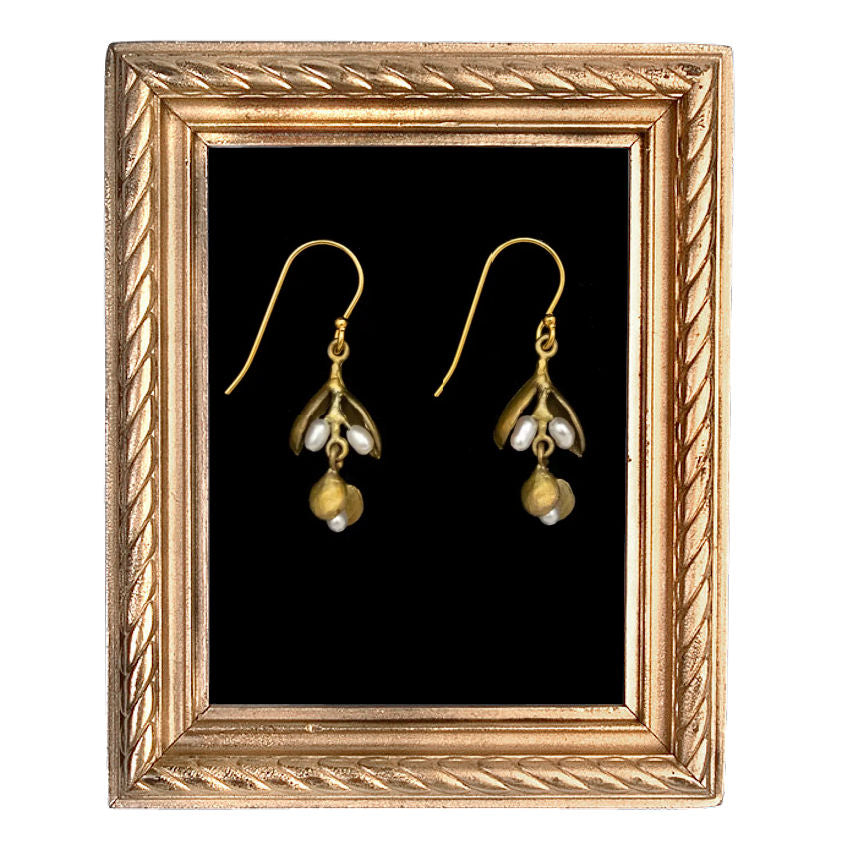 Eucalyptus pearl wire earrings in bronze with soft gold wash and lustrous freshwater pearls, hand-cast from real seed cluster