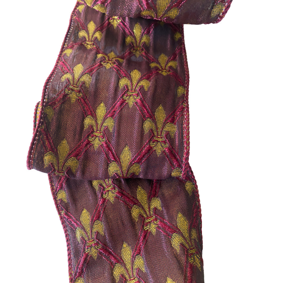 Merlot & Gilded Fleur de Lis Wired Ribbon