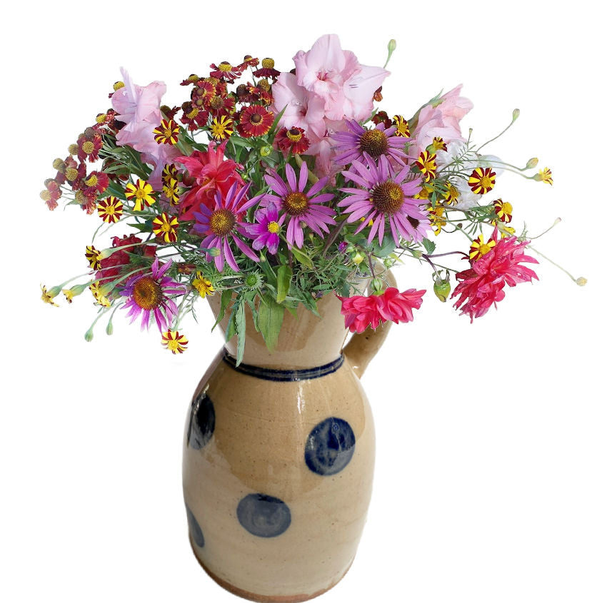 Adorable antique French polka dot pitcher from Burgundy. Hand-painted cobalt blue dots, full of French country charm and provincial elegance.