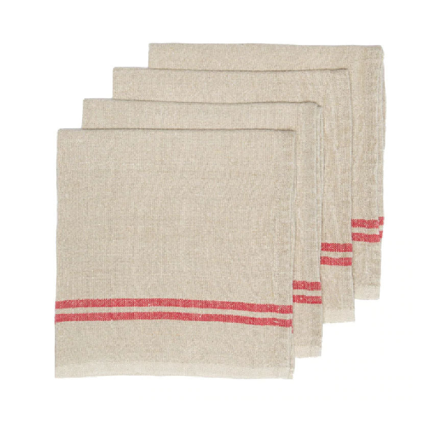 French Country Linen Napkins with Red Stripe Set of 4