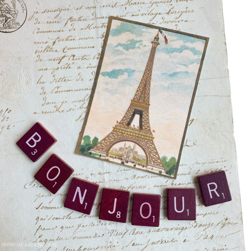 Vintage French bonjour letters and EIffel tower card