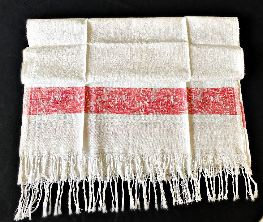 Antique Damask Linen White and Red Hand Towels Pair