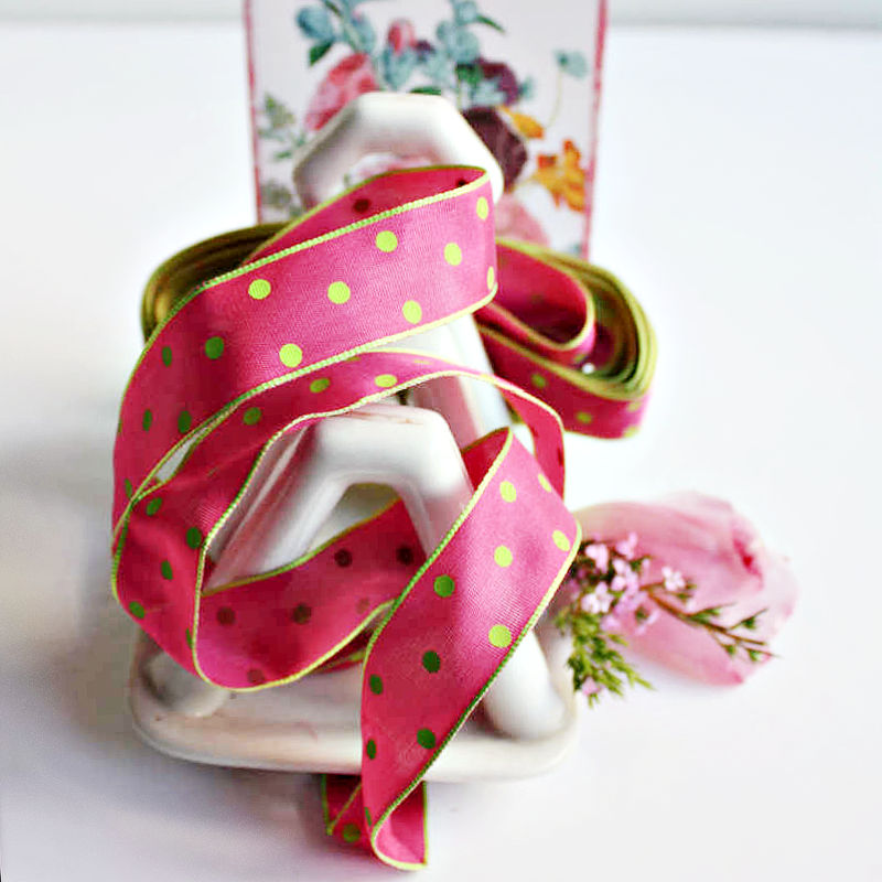 French Wired Coco Pink and Chartreuse Ribbon with polka dotted design