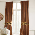 french carved wood rose tiebacks gold patina antique curtain holders pair Holding pink velvet curtains in elegant home