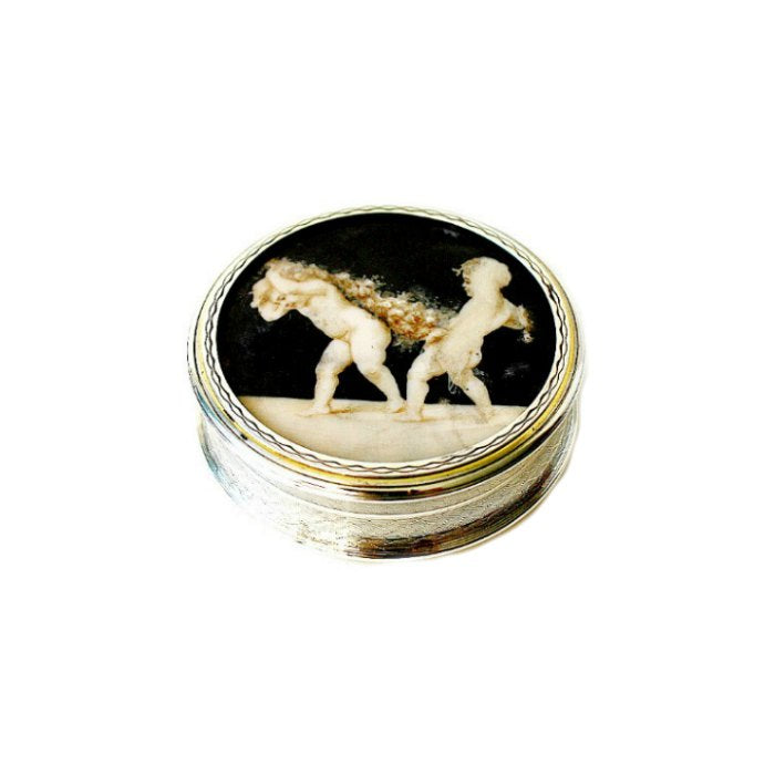 Antique French gilt sterling miniature box with and painted enameled cover with cherubs